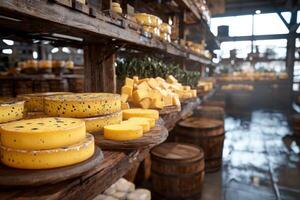 Cheese wheels and blocks stacked on shelves in rustic store. Storage in background photo