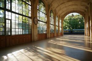 Interior hall with clock, train and bright sunlight, architecture design, travel photo