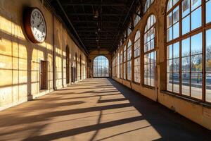 Empty train station hall with big clock. Arches create bright space for travel photo