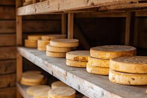 Aged cheese wheels on shelves in wooden storage room ready for food service photo