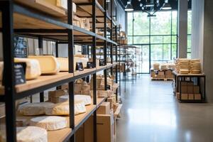 Cheese wheels on shelves in store, retail, food display, gourmet products photo