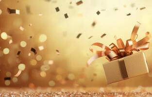 Gift flies with confetti, golden glitter in background. Use for promotion photo