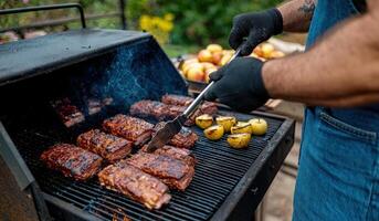 Man grilling ribs with grilled apples in the backyard for a party photo