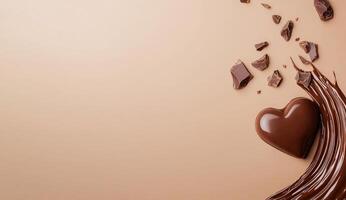 Chocolate heart flows down with chunks above on beige surface, dessert concept photo
