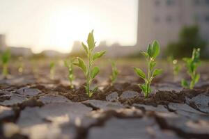 Seedlings emerge in dry soil, city background. Eco, farm, sustainable growth use photo