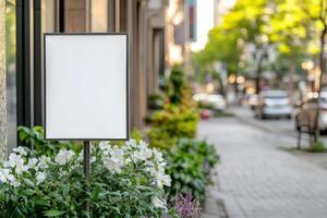 Blank sign with flowers on a city sidewalk to promote businesses, services photo