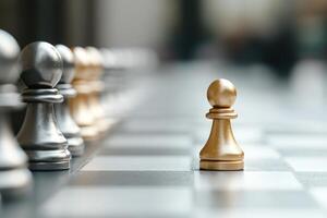 Lone pawn stands out on chess board symbolizing strategy with blurred background photo