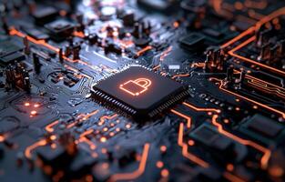 Microchip with padlock icon secures digital information, computer, tech in the background photo