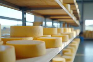 Cheese ripening on shelves in storage for aging, selling dairy at local market photo
