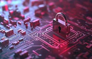 Padlock secured on digital circuit board signifies cybersecurity and data protection photo