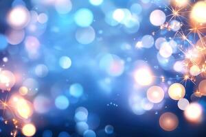 Bokeh lights sparkle on blue background. Perfect for holiday or event ads photo