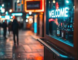 Street corner bar view at night with neon welcome sign and people in background photo