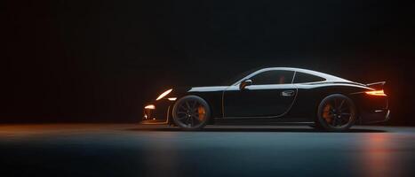 Dark luxury car parked in dimly lit studio for automotive advertising photo