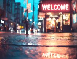 Welcome neon sign at city corner store at night after rain. Editorial use photo