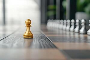 Golden pawn in chess leading strategy, on board with white pieces, success photo