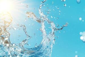 Splashing water in sunshine against blue background, for freshness, purity concepts photo