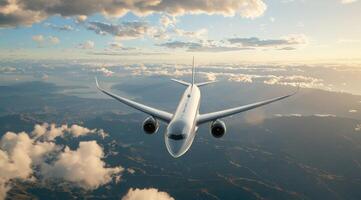 Airplane flies above clouds near sunset for travel ads and business websites photo