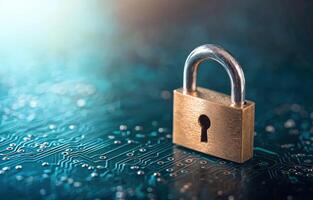 Padlock on circuit board representing data security and cyber safety photo