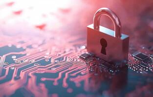 Padlock on circuit board indicating cybersecurity, data protection, with red lighting photo