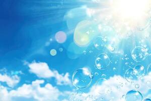 Bubbles float amid clouds, blue sky, and bright sun for joyful, light wallpaper photo