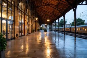 Commuters wait under the roof of a train station to board their transport photo