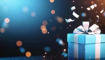Wrapped gift box, light blue, confetti falling, bokeh in background for celebration photo