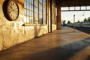Railway Station Clock, Sunset, and Train, Time Concept, Commuting, Waiting, Travel photo