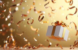 Gift box suspended in air with streamers for celebration on gold background photo