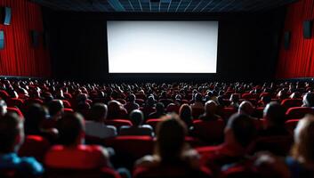 Crowd watches film in movie theater with red seats and curtains behind blank screen photo
