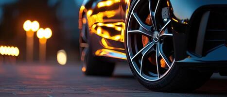 Car close-up at night with lights reflecting for automotive advertisements photo