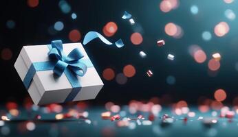 Gift box floats with confetti around it, against bokeh background for celebrations photo