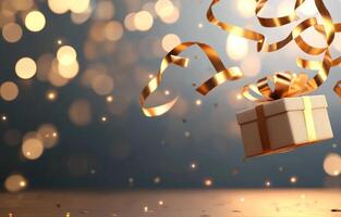 Gift falling with gold ribbons at party with lights background, for invitations photo