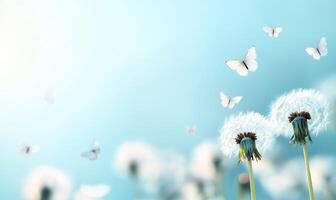 Butterflies flying around dandelions against the bright blue sky, nature poster photo