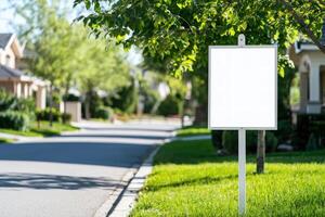 Signpost stands vacant in a suburban neighborhood promoting local real estate photo