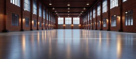 Empty brick warehouse with lights, large space for events or storage photo