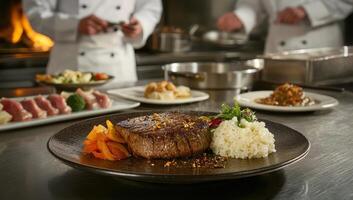 Elegant steak dish, prepared by chefs, presented on stainless steel counter photo