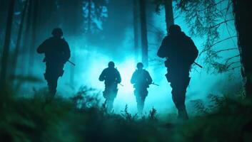 Soldiers advancing in the forest, obscured by smoke and shadows at twilight photo