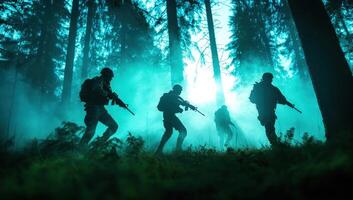 Soldiers patrol a dark forest with guns, ready to protect from the background threats photo