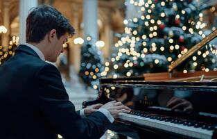 Pianist plays piano at festive winter concert with Christmas trees on the background photo
