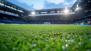Empty green soccer field in a stadium with a match background for wallpaper photo