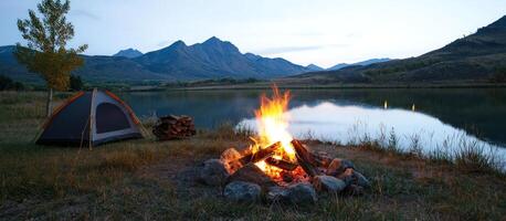 Evening camping scene shows tent, campfire, and lake in mountains background photo