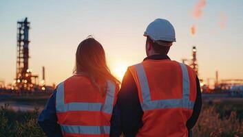 Engineers oversee refinery at sunset for energy production and future planning photo
