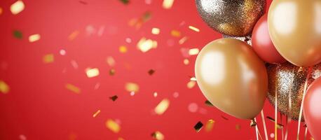 Golden Balloons float with falling confetti on Red for celebration background photo