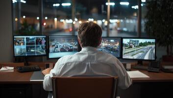Surveillance professional monitors city traffic on multiple screens at night photo