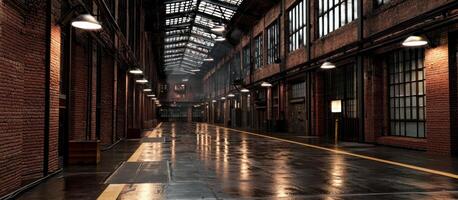 Empty warehouse hall lit by lamps, possible industrial manufacturing location photo