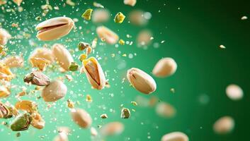 Pistachios flying on a green backdrop for food photography or product ads photo
