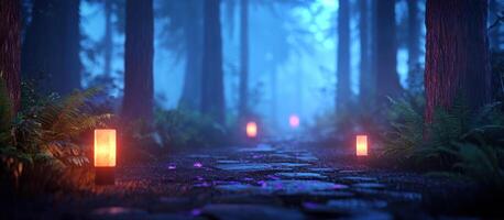 Foggy forest path with lanterns. The background is dark and misty. Travel photo