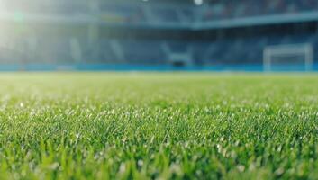 Lush green lawn at stadium for games, sports, and events with seats visible photo