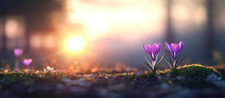 Purple crocus bloom at sunrise in the forest, awakening from spring season photo