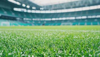 Stadium field perspective with grass view. Empty seats in the background photo